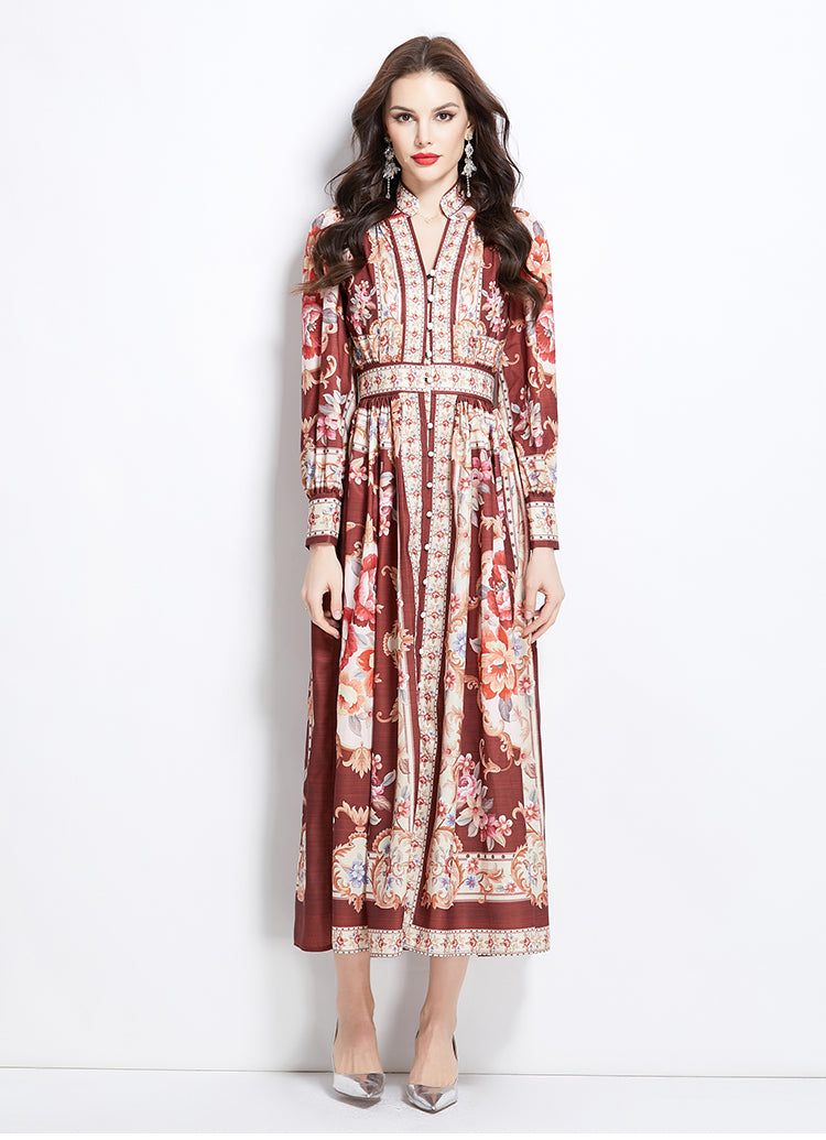 Original Design Spring/Summer Classical Palace Style Printed Flower Bouquet Waist Single breasted Long Dress