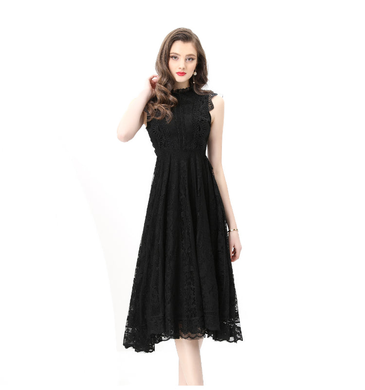 Original design: Spring, Summer, Autumn, Vacation, round neck, smocked style, lace, sleeveless, lace, long vintage dress