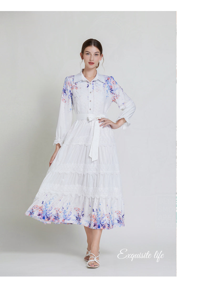 Original design fashionable bohemian lapel lace border lantern sleeves cinched waist long printed dress