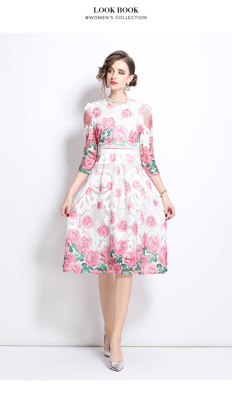 Original design mid long sleeved fashionable slimming hollow out water-soluble lace positioning mid length dress