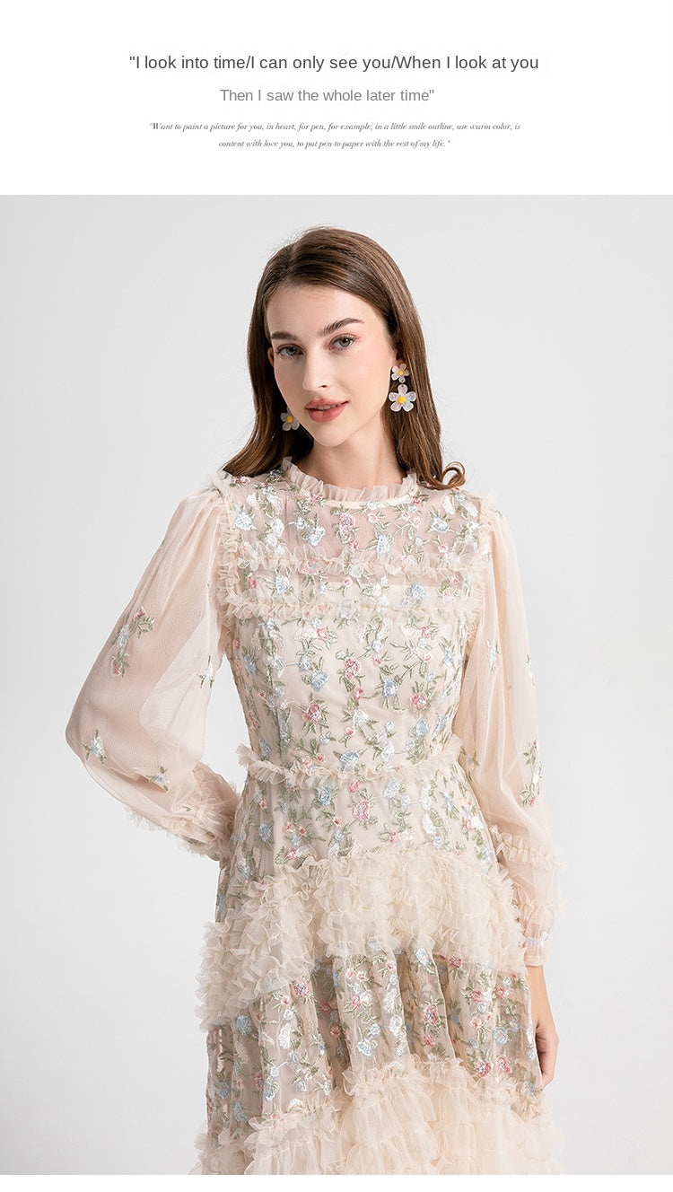 Original design spring, summer, autumn women's clothing pastoral forest temperament heavy industry color embroidered fungus edge swing dress
