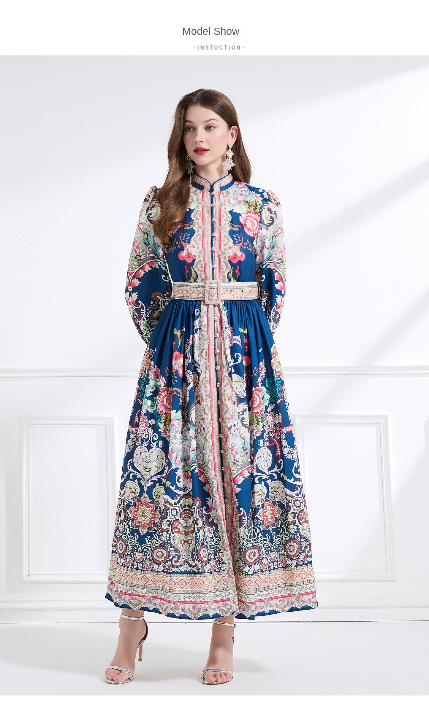 Original design - Spring, Summer, Autumn court style stand collar vintage print balloon sleeve ruffled maxi dress