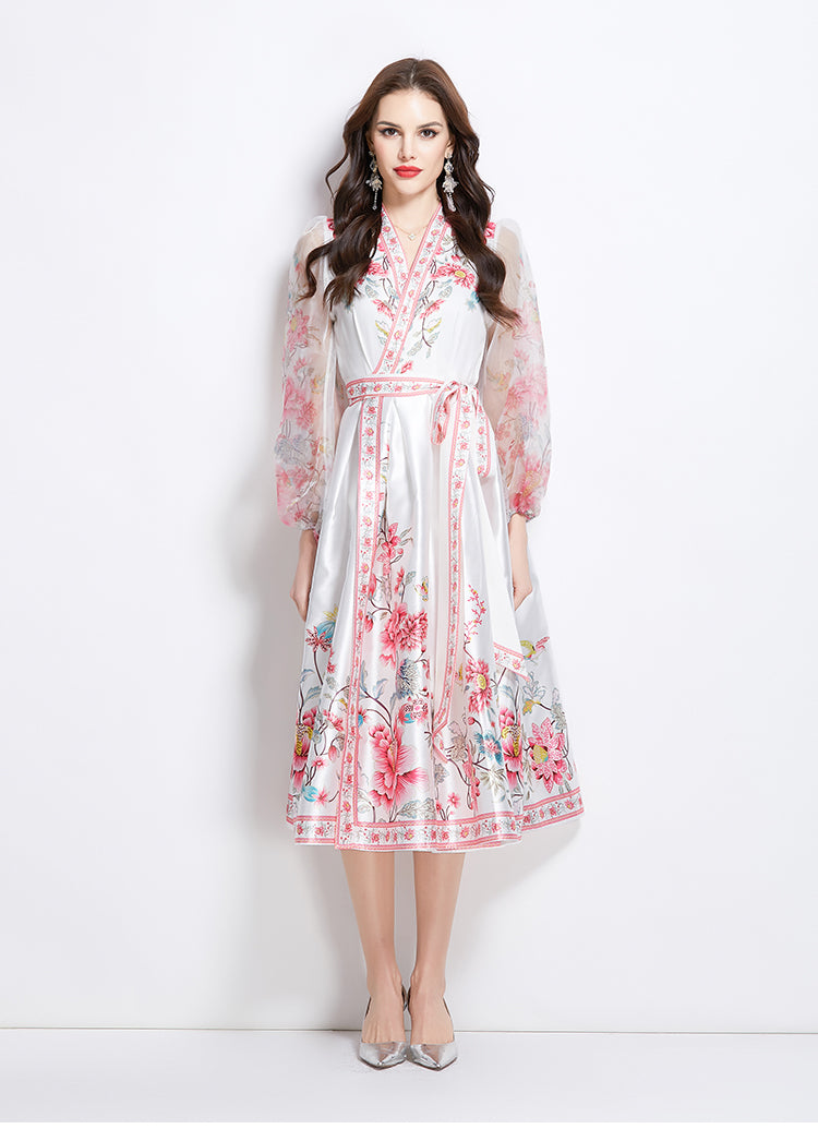 Original Design Spring/Summer V-neck Ethnic Style Printed Satin Wrapped Long Dress