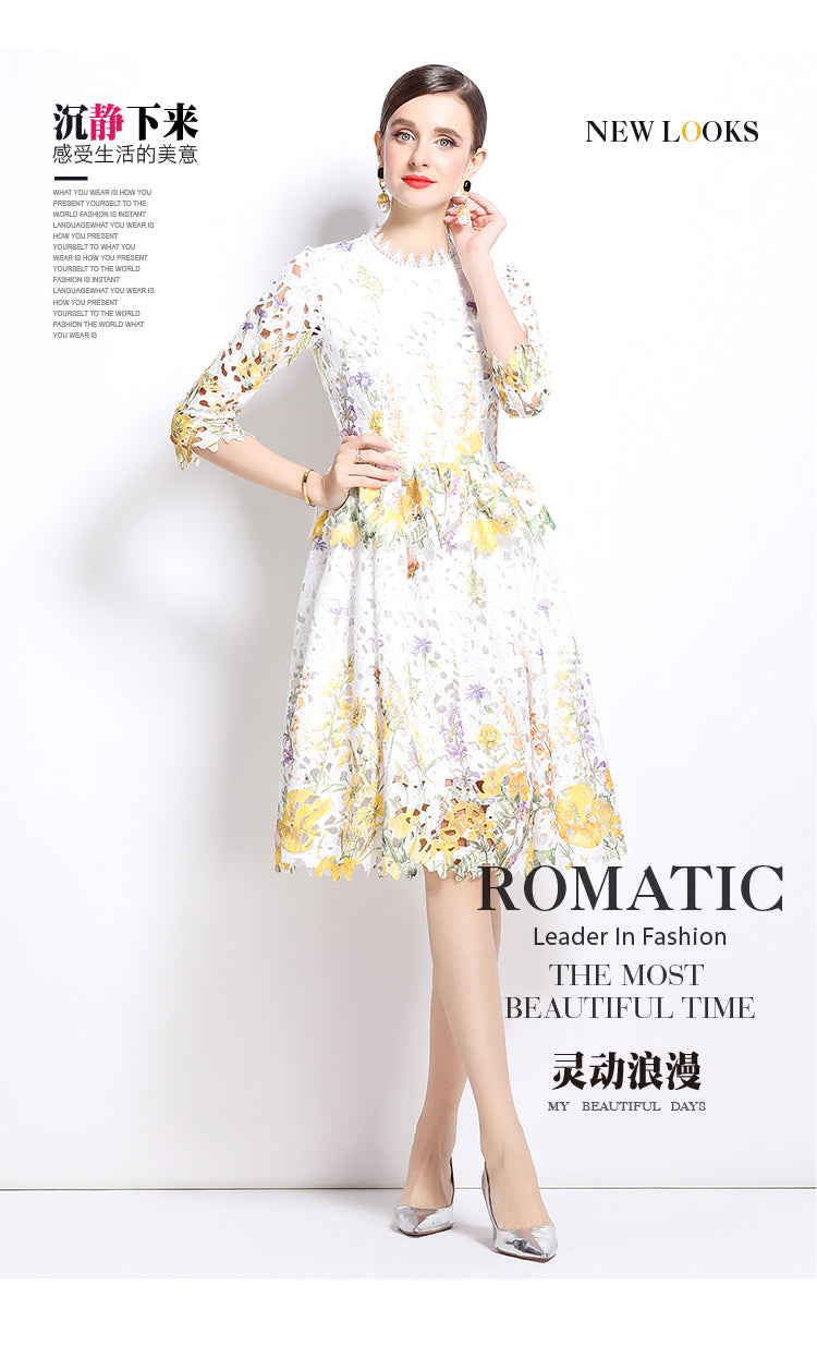 Original design mid long sleeved fashionable slimming hollow out water-soluble lace positioning mid length dress