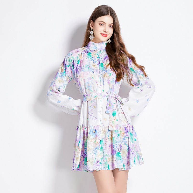 Original Design Spring/Summer Autumn Vacation New Flower Oil Painting Style Stand up Neck Short Dress
