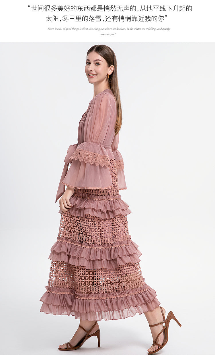 Original design French retro court style hollowed out lace patchwork wood ear trumpet sleeves cinched waist jumpsuit