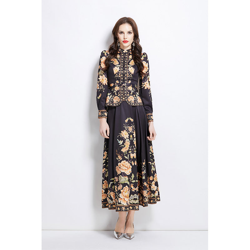 Original design for spring and summer ethnic style shirt top, mid length skirt set