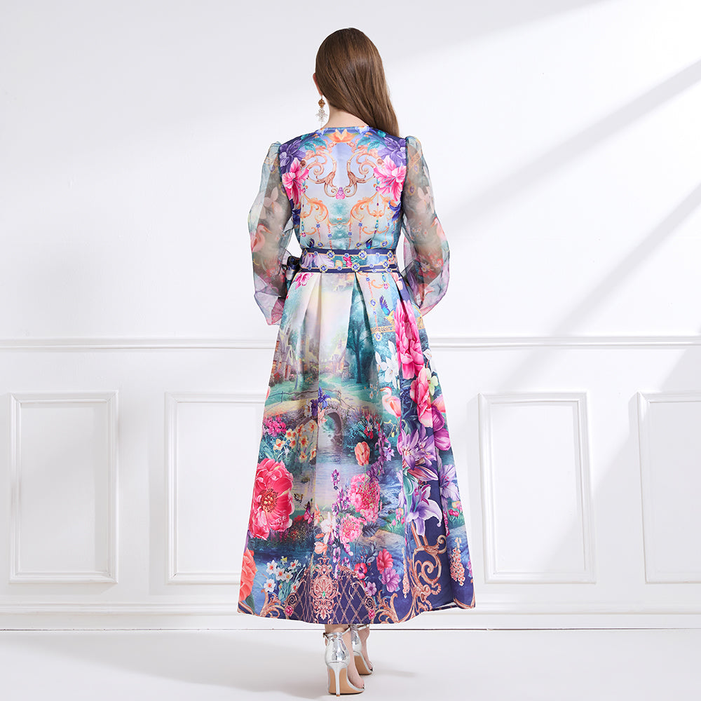 Original design - spring/summer resort-style lace-up wrap skirt, balloon sleeves, cross collar print, wide hem ruffle skirt