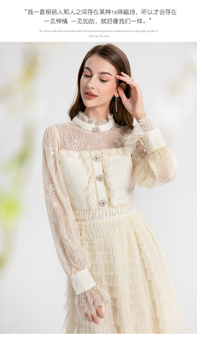 Women's clothing heavy art, coarse tweed splicing mesh cake skirt