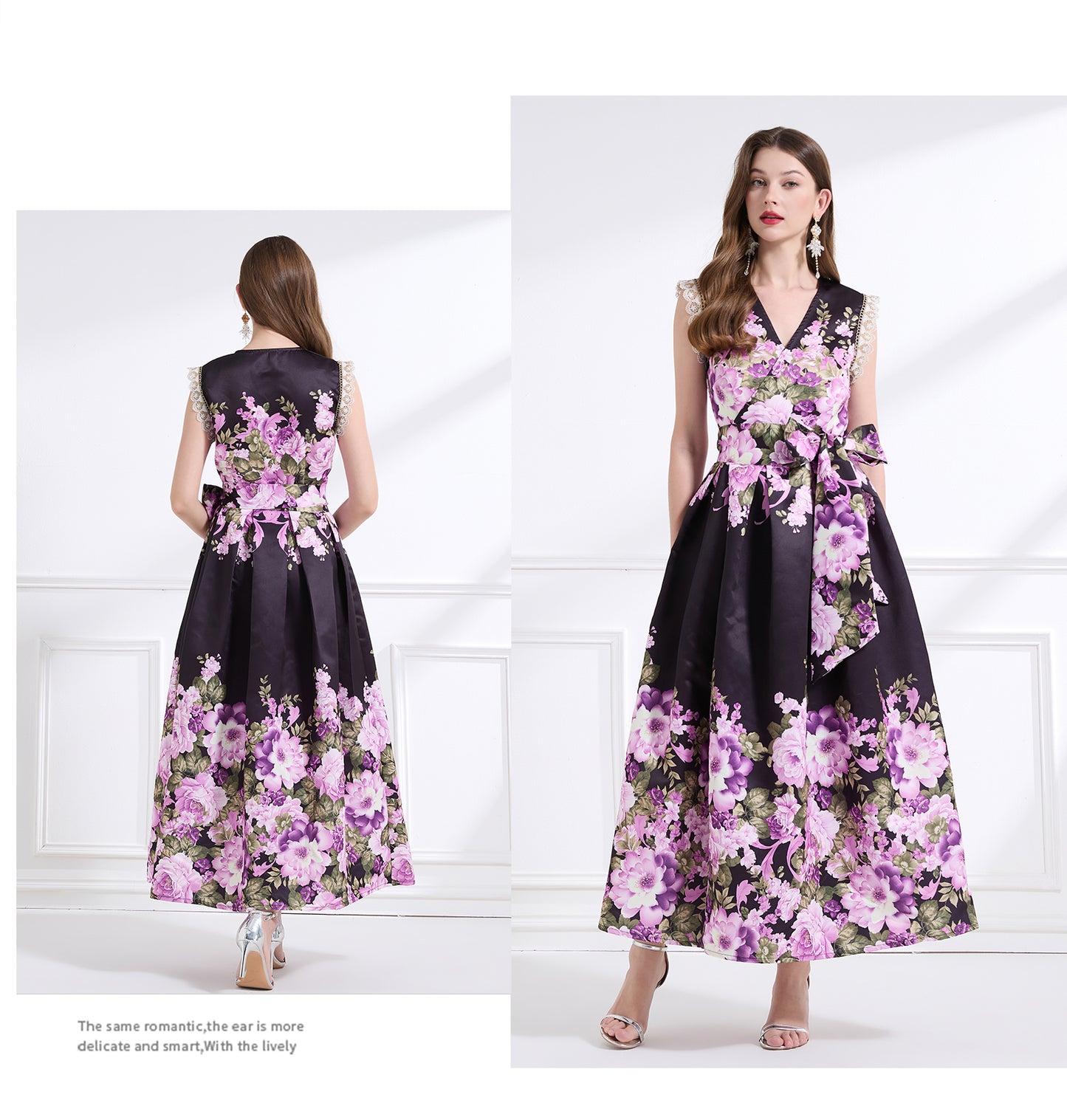Original design - spring, summer and autumn fake wind, small flying sleeves, flower fairy print, seaside waist ruffle tie long skirt