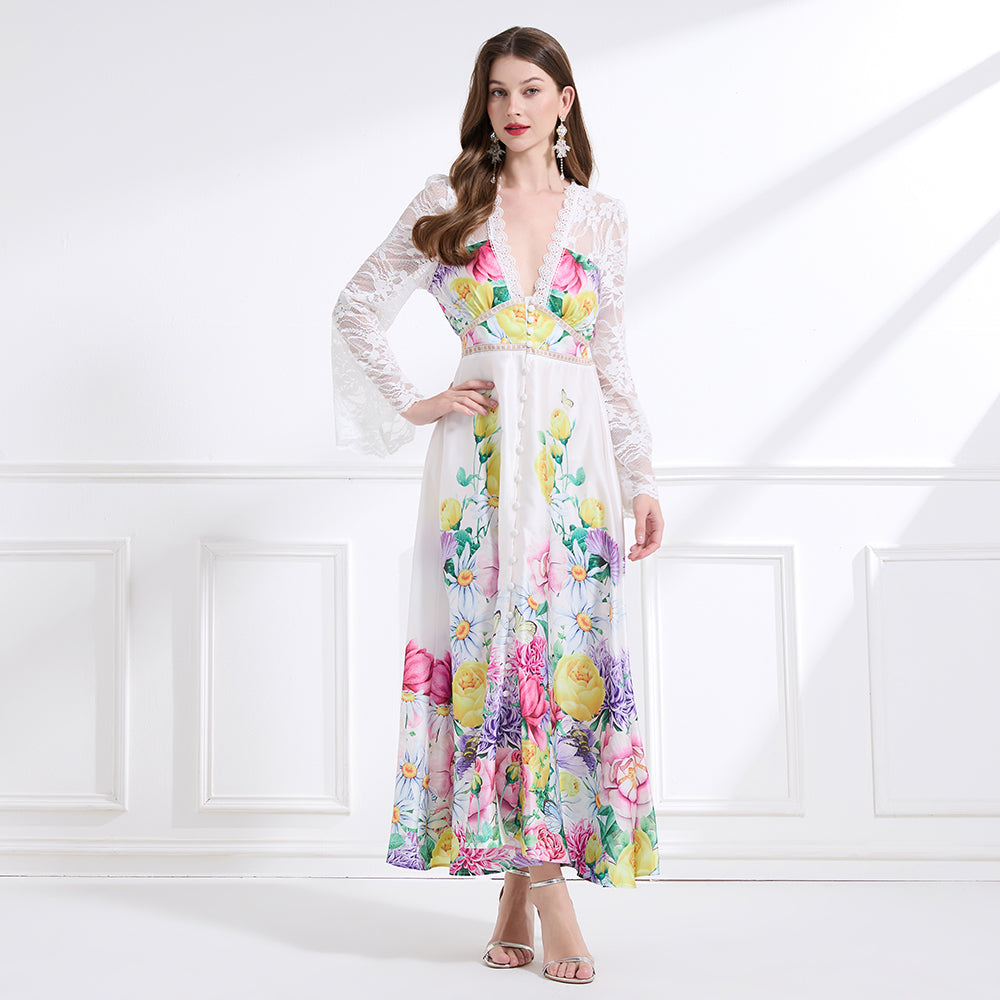 Original design - spring and summer resort style lace patchwork print waist maxi skirt ruffle dress