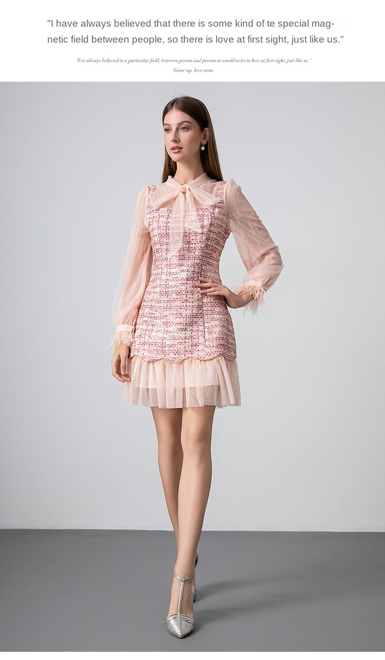 Original design: spring, summer, autumn, art lace stitching, colored tweed, small fragrance, big bow, ostrich feather dress