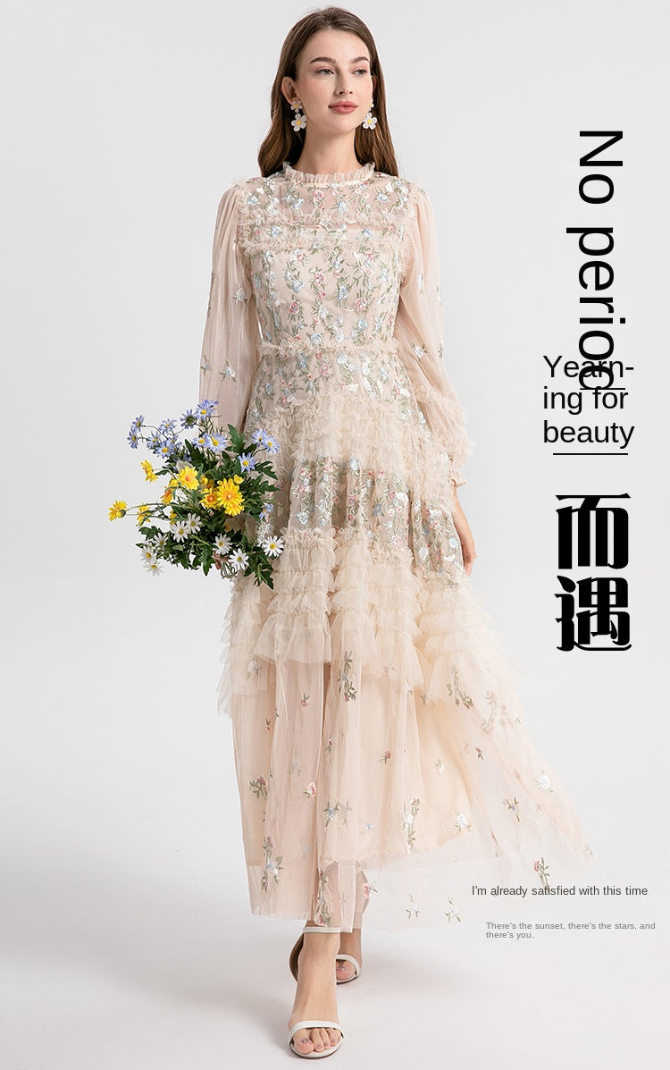 Original design spring, summer, autumn women's clothing pastoral forest temperament heavy industry color embroidered fungus edge swing dress