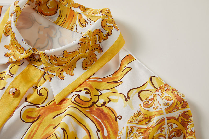 Original Design Spring/Summer Positioning Printed Collar Strap Waist Shirt Dress Large Swing A-line Skirt