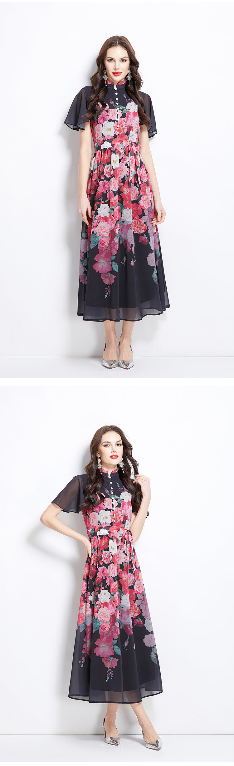 Original design for spring and summer small flying sleeves ruffled edges floral patterns colorful waist cinched stand up collar dress