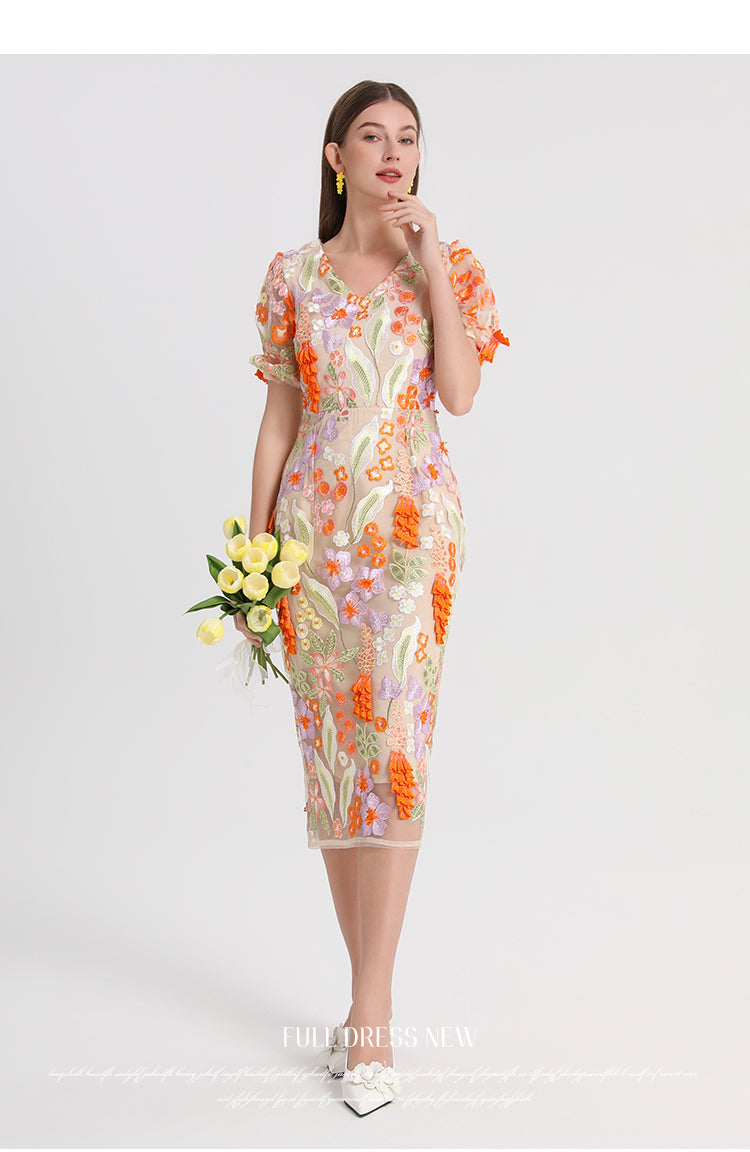 Artwork boutique handmade three-dimensional wheat ear embroidered French temperament dress