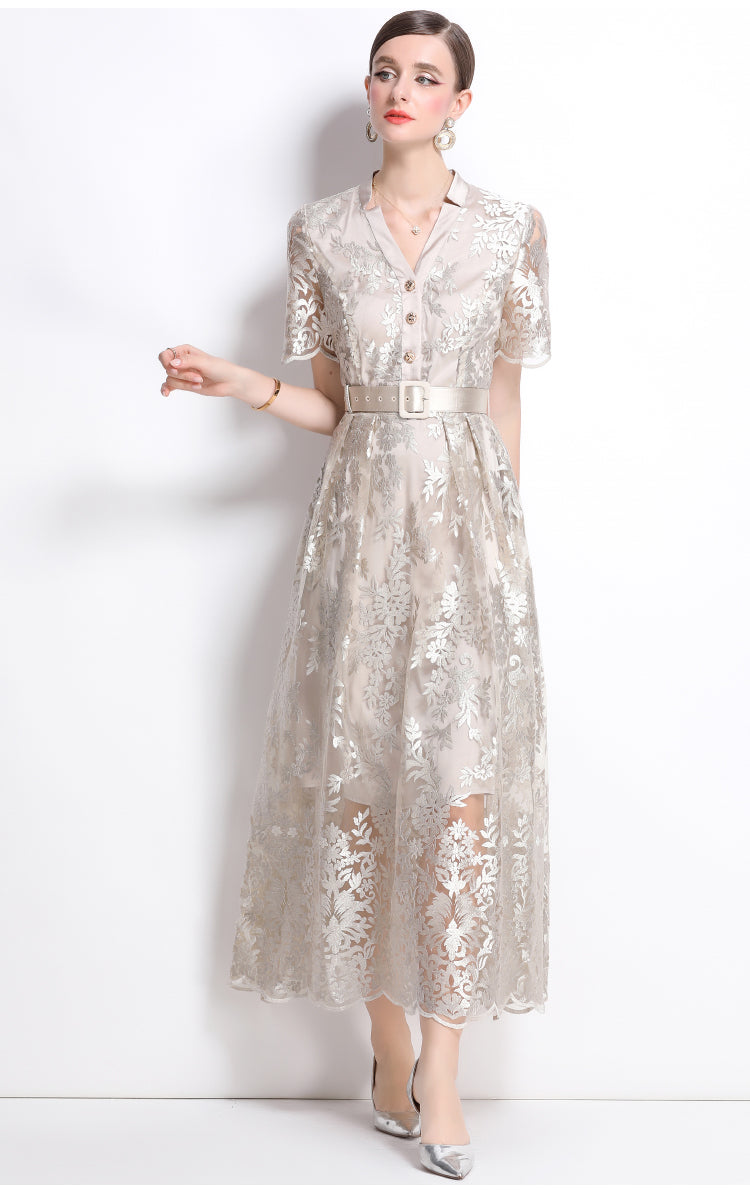 Original design mesh embroidered long dress with pockets, V-neck slim fit dress and belt