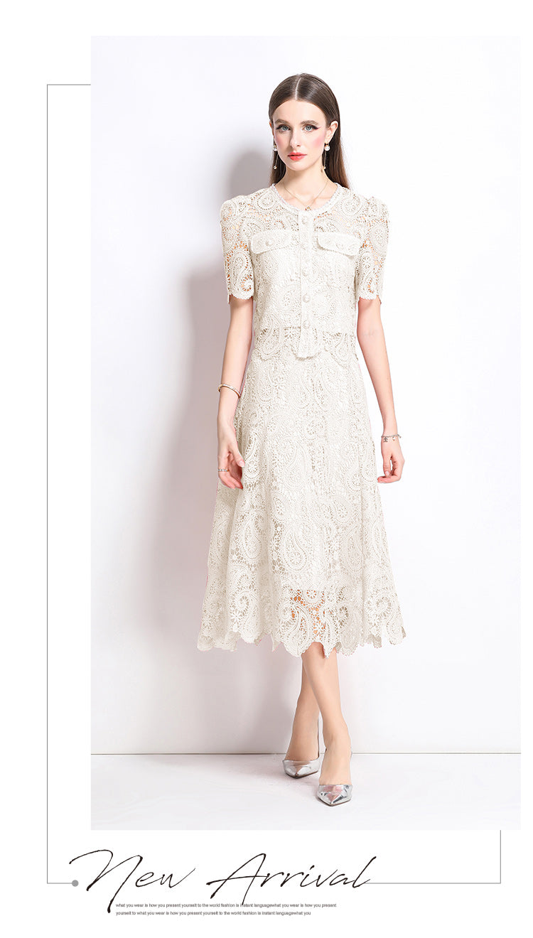 Original design for spring and summer small fragrance style set light luxury and high-end water-soluble lace skirt two-piece set