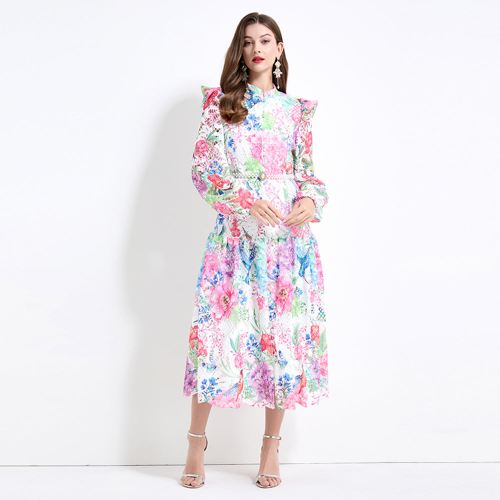 Original design - Spring/Summer vintage stand collar floral print heavy industry water-soluble long waist lace dress