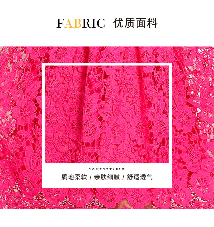 Original design short sleeved slimming hollow out water-soluble lace positioning mid length dress