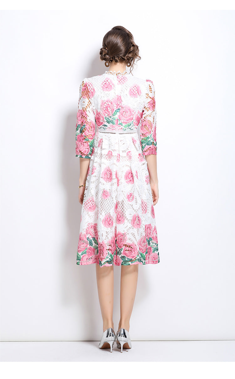 Original design mid long sleeved fashionable slimming hollow out water-soluble lace positioning mid length dress