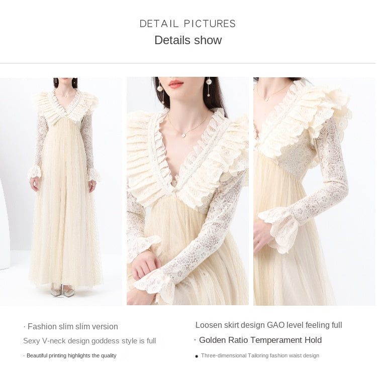 Original design: Spring, Summer, Autumn, resort style, embroidered lace, V-neck, long sleeves, lace and mesh maxi dress
