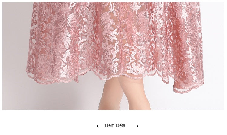 Original design mesh embroidered long dress with pockets, V-neck slim fit dress and belt