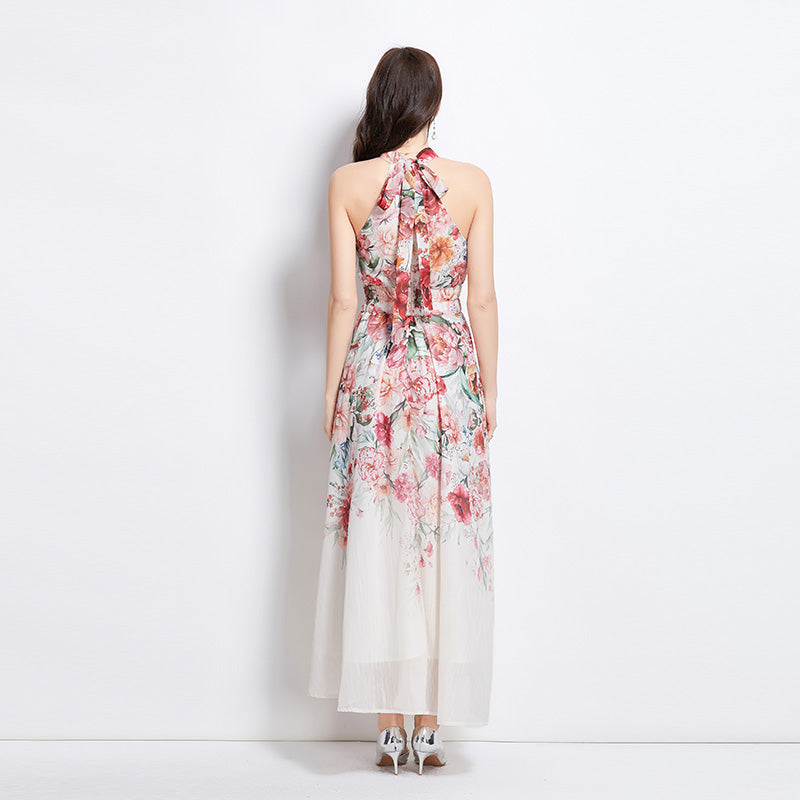 Original Design Spring/Summer Vacation New Oil Painting Flower Printed Hanging Neck Long Dress
