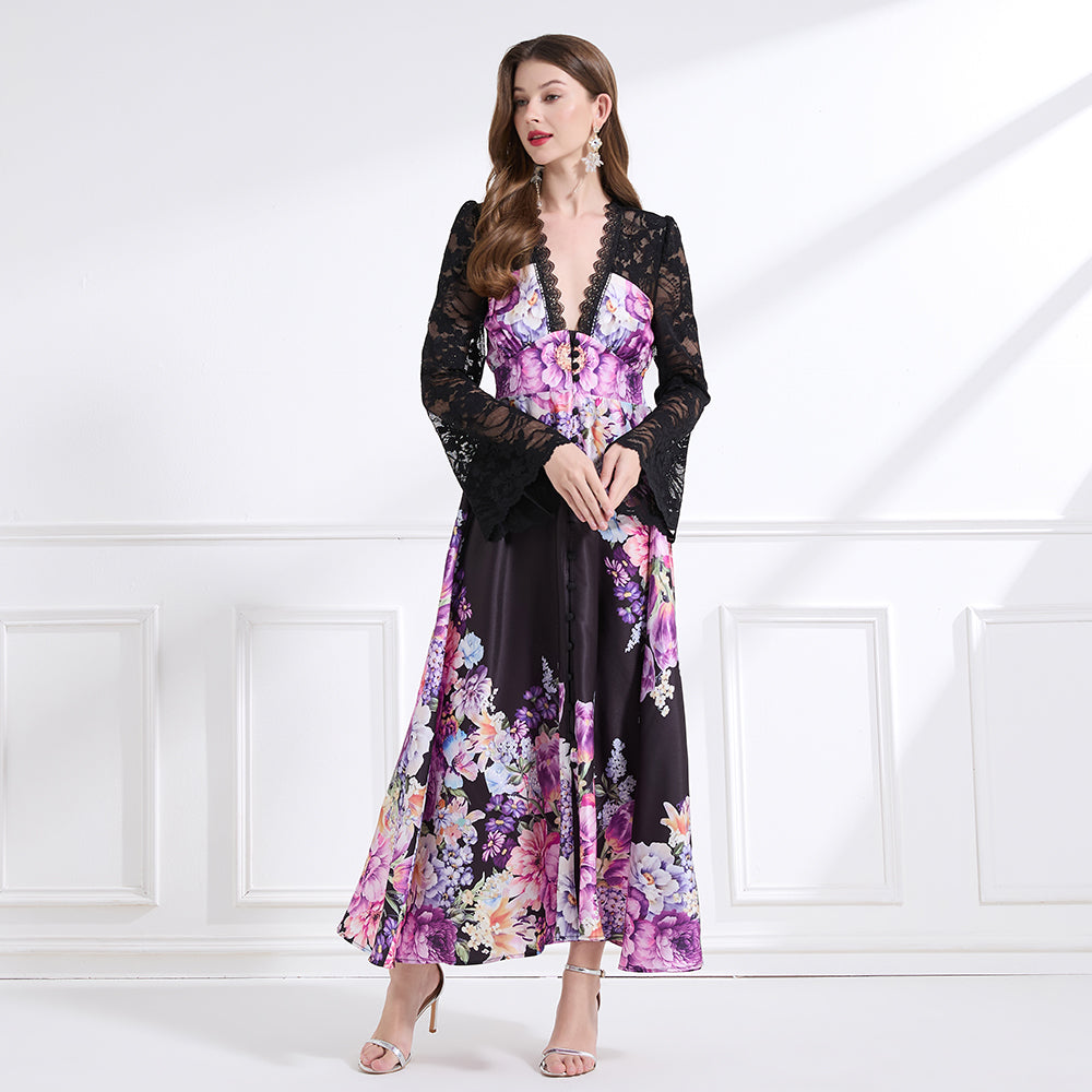 Original design - resort-inspired lace patchwork print cinched waist maxi dress with ruffles