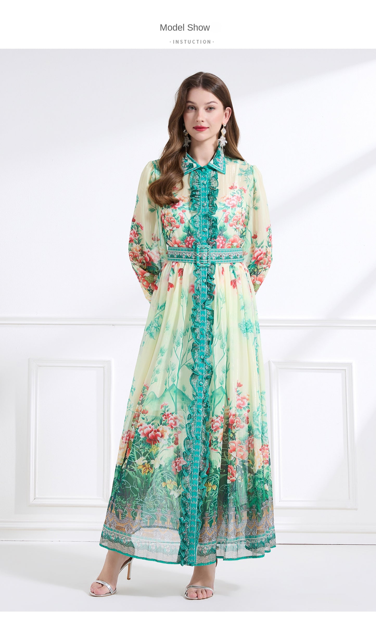 Original design - Spring/Summer, Autumn chiffon shirt collar print, long sleeves, cinched waist, ruffled maxi skirt