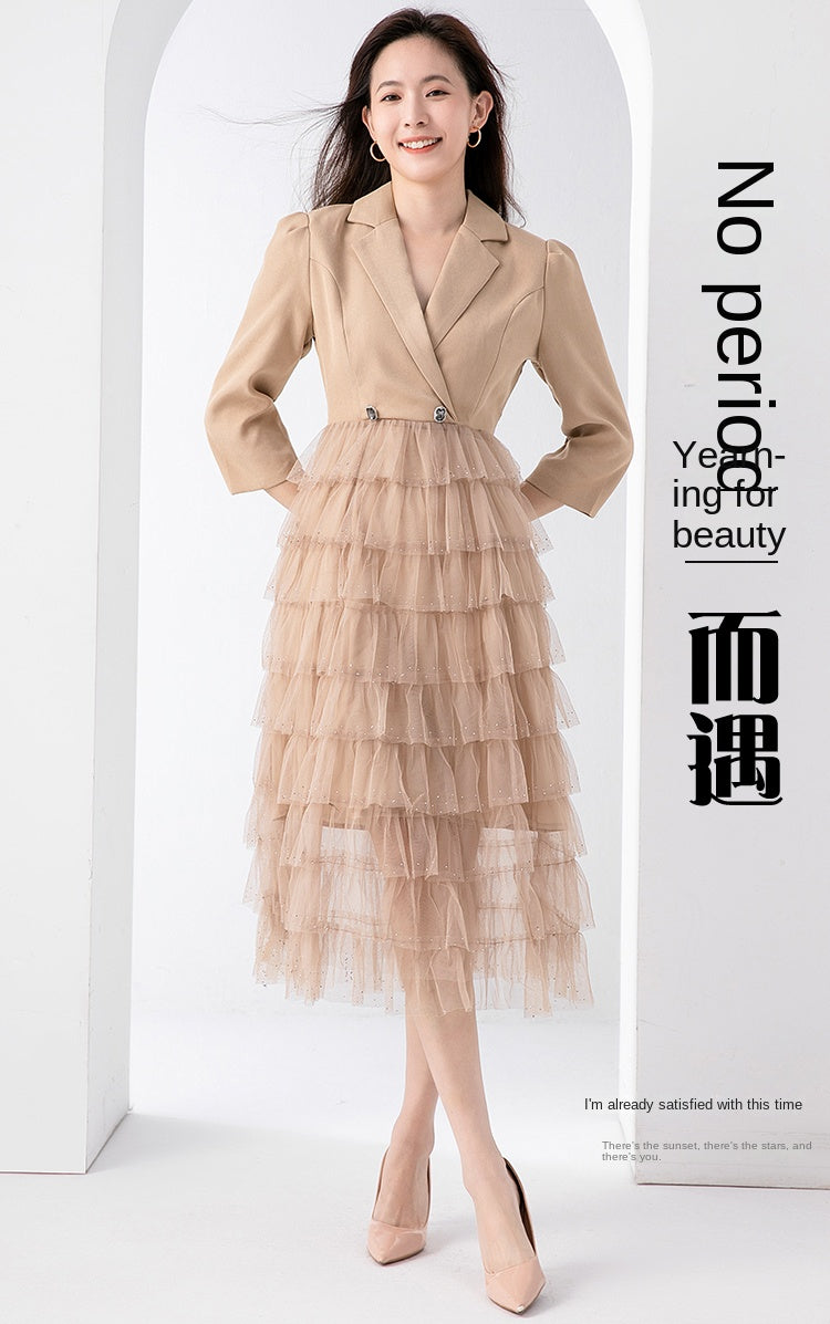 Original design exquisite mesh cake skirt patchwork suit dress temperament fake 2pieces