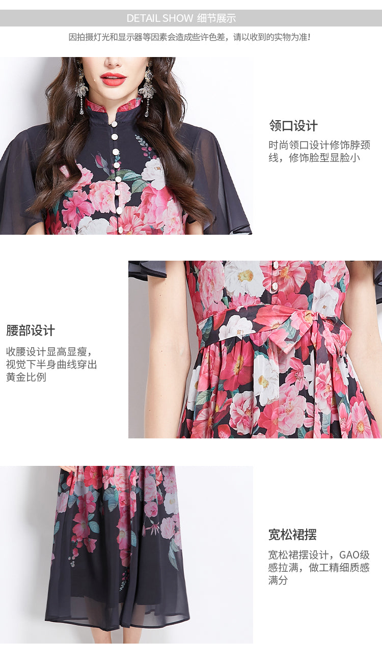 Original design for spring and summer small flying sleeves ruffled edges floral patterns colorful waist cinched stand up collar dress