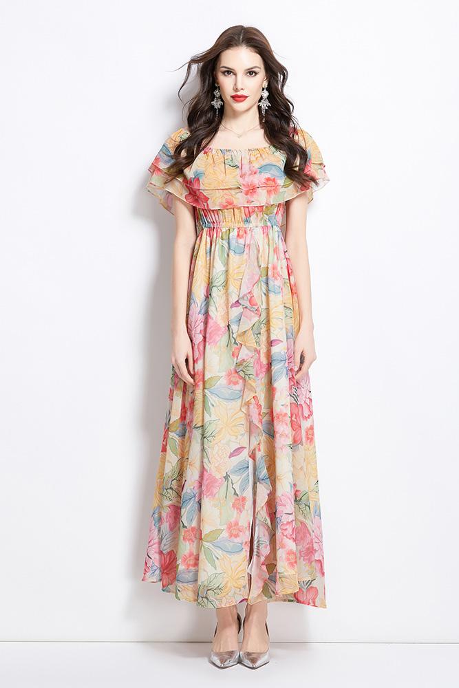 Original design for spring and summer new style with ruffled edge, one piece collar, waist cinched, big swing beach skirt, split chiffon dress