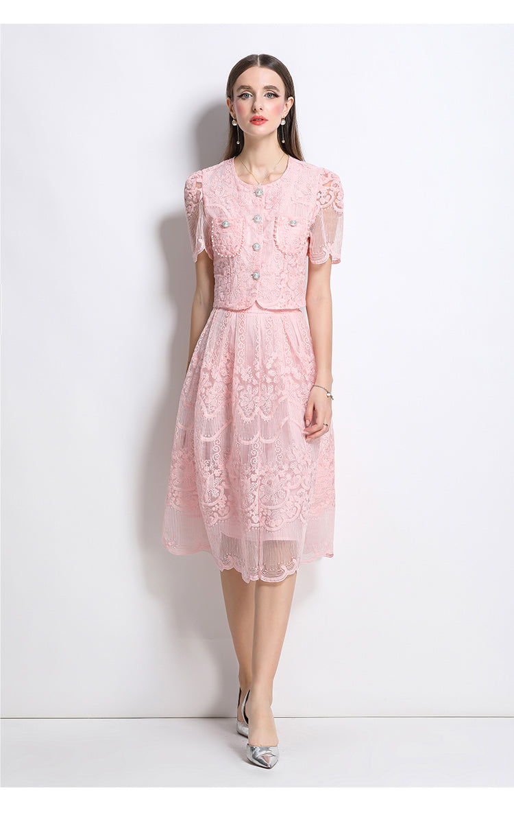 Original design for spring and summer small fragrance style set light luxury and high-end water-soluble lace skirt two-piece set