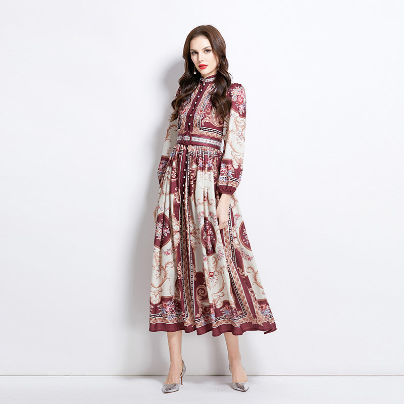 Original design: Spring/summer new court-style pattern stand-up collar long dress