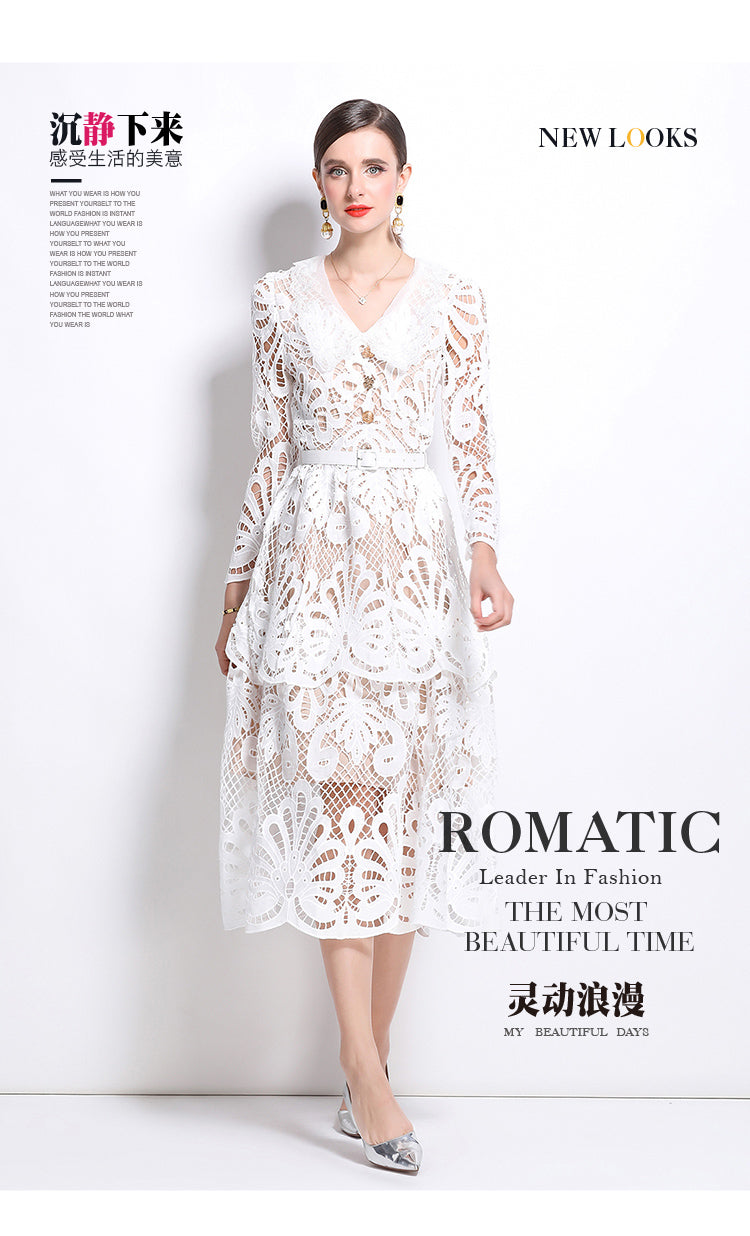 Original Design: Spring and Summer High End Water soluble Embroidered Medium length Skirt with V-neck and Waist cinching to Look Thin Dress