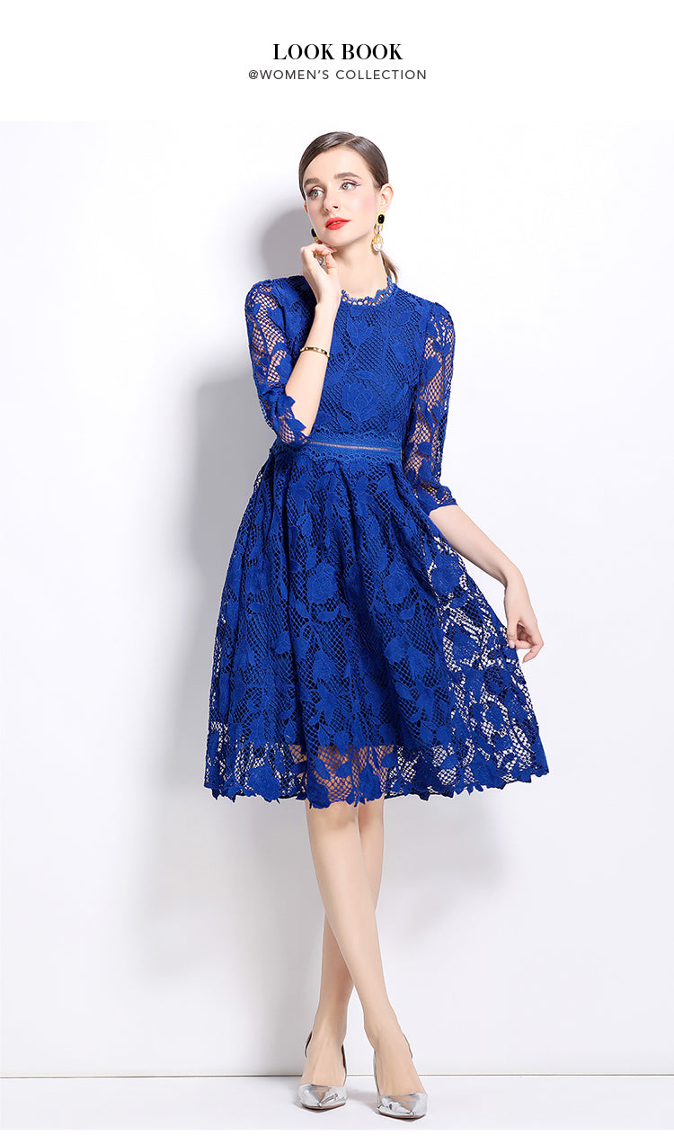 Original design mid long sleeved fashionable slimming hollow out water-soluble lace positioning mid length dress