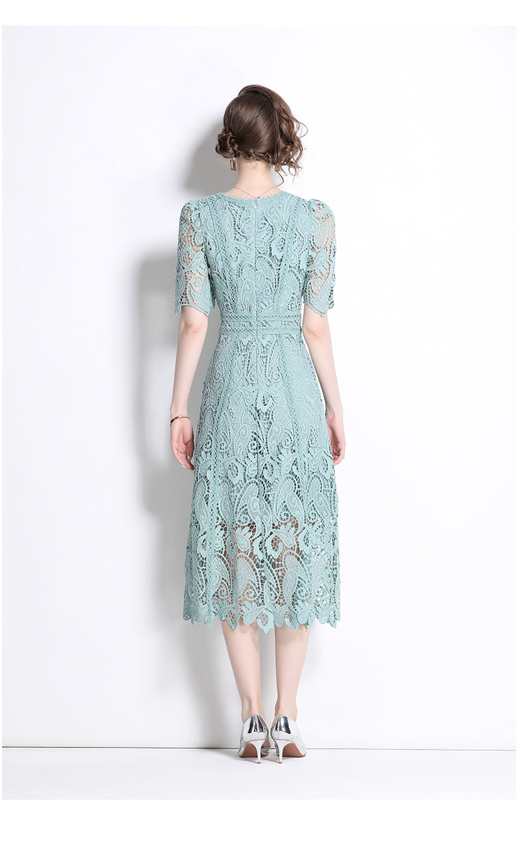 Original design temperament short sleeved skirt slim fit waist cinching heavy industry water-soluble lace dress for women