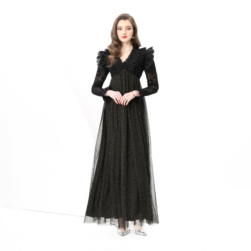 Original design: Spring, Summer, Autumn, resort style, embroidered lace, V-neck, long sleeves, lace and mesh maxi dress