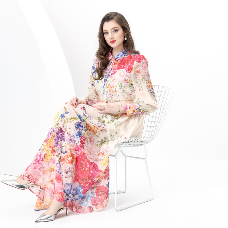 Original design: Spring, autumn and summer retro style balloon sleeve wavy edge long printed dress