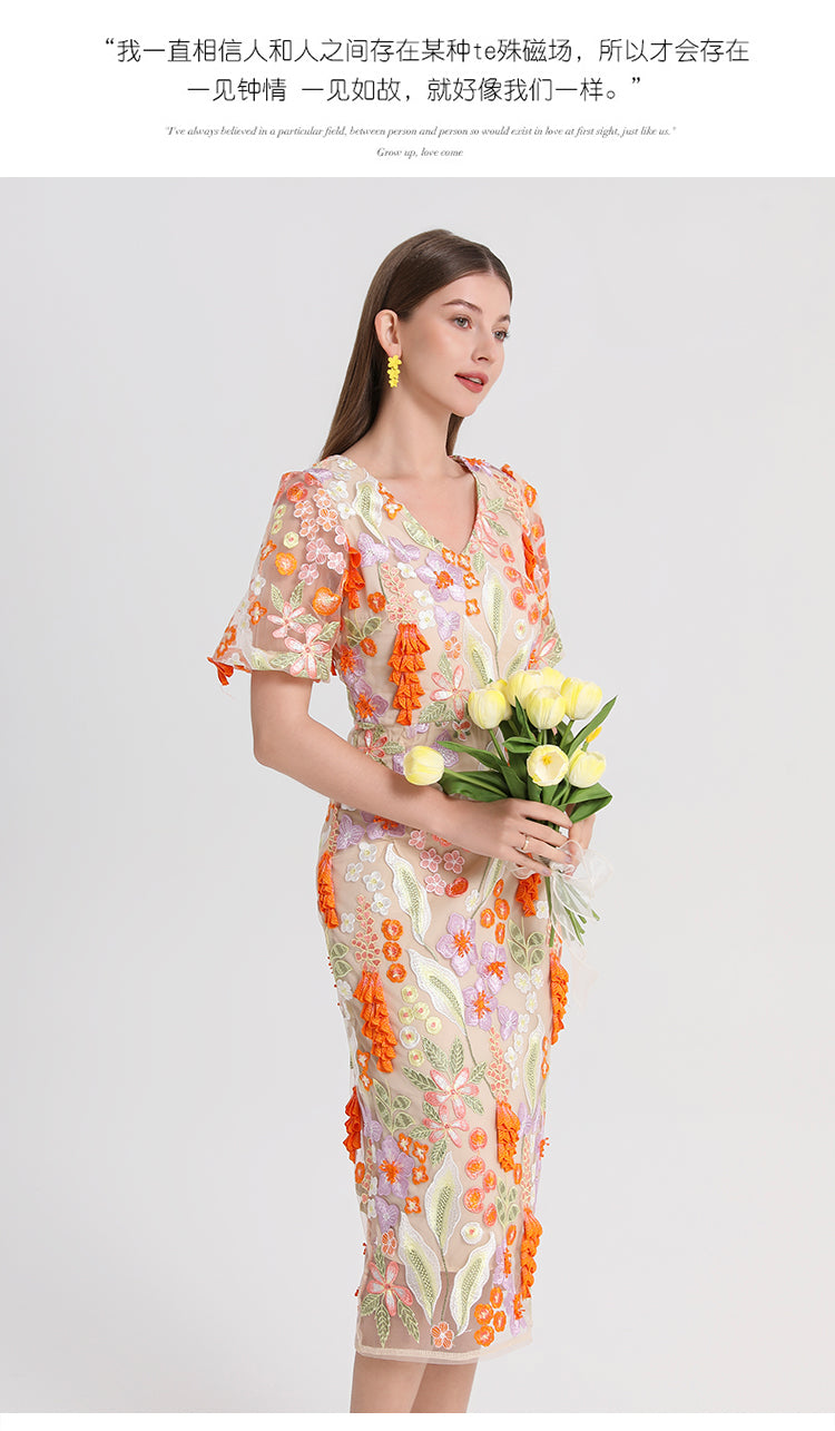 Artwork boutique handmade three-dimensional wheat ear embroidered French temperament dress