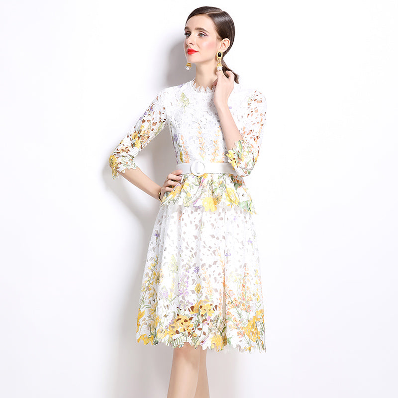 Original design mid long sleeved fashionable slimming hollow out water-soluble lace positioning mid length dress
