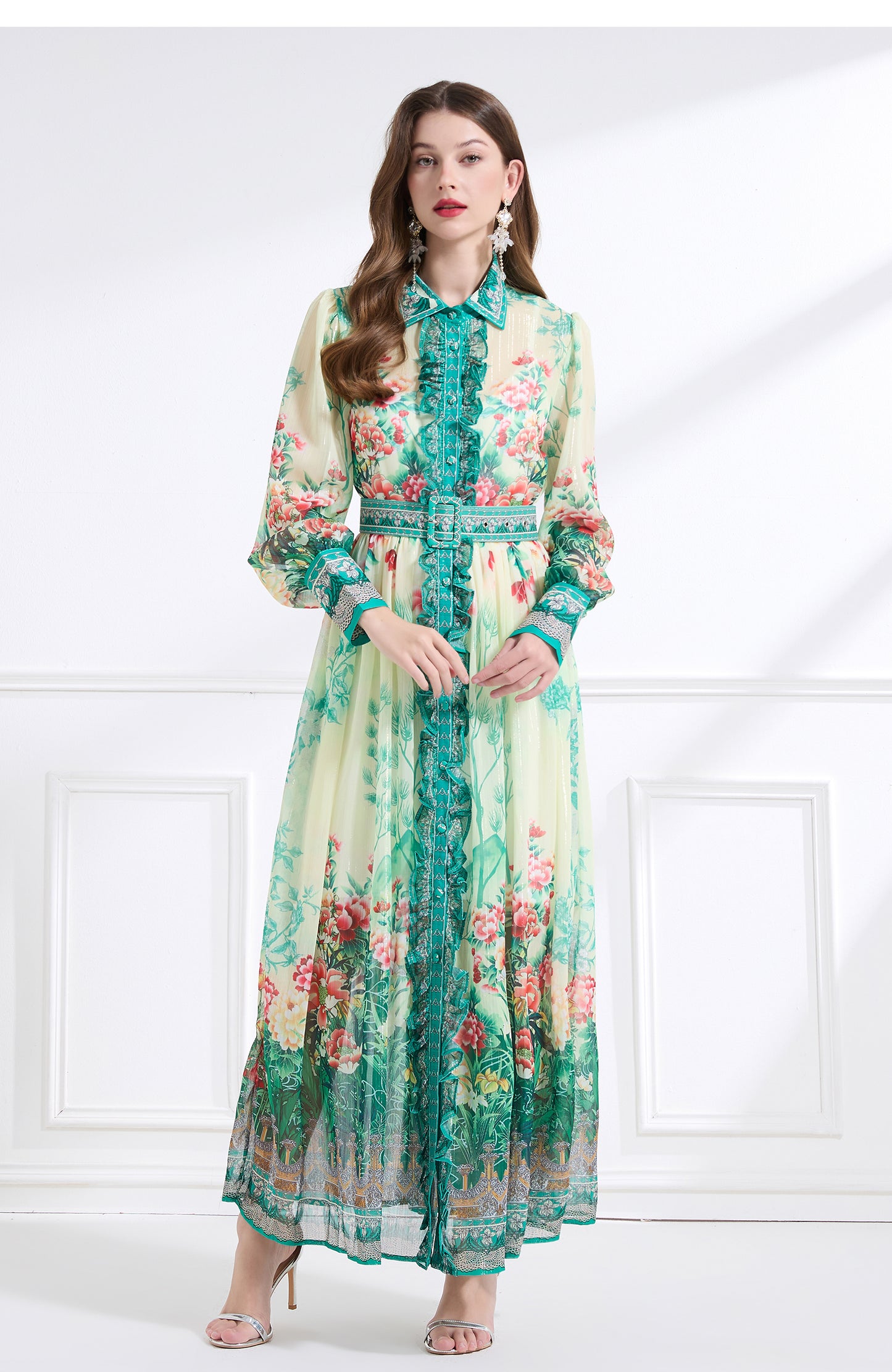 Original design - Spring/Summer, Autumn chiffon shirt collar print, long sleeves, cinched waist, ruffled maxi skirt