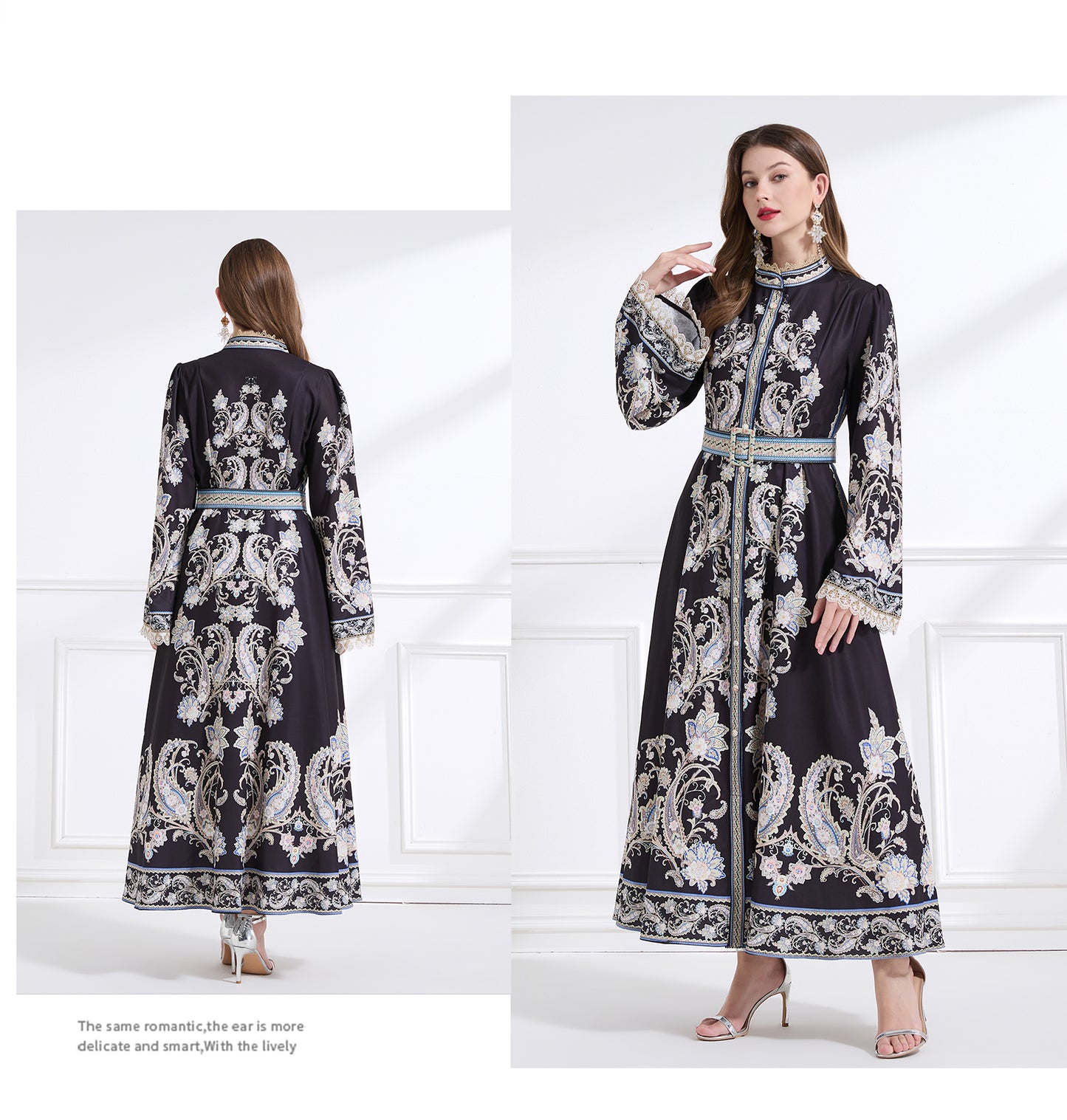 Original design - a court-style retro stand-up collar lace print tunic with a large hem waist