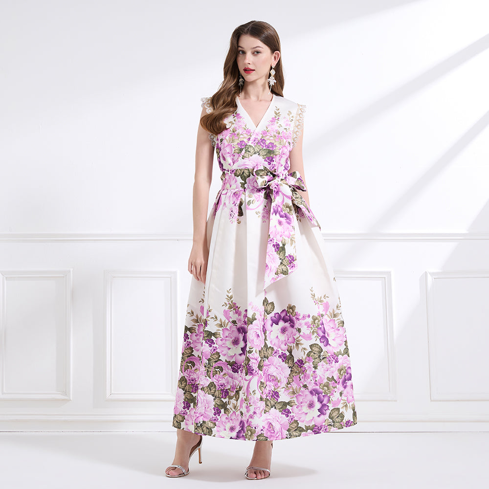 Original design - spring, summer and autumn fake wind, small flying sleeves, flower fairy print, seaside waist ruffle tie long skirt