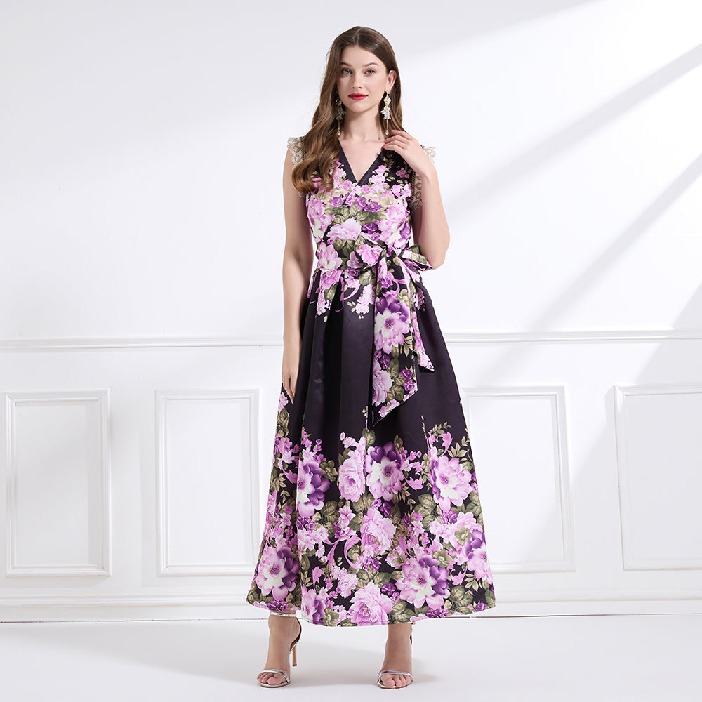Original design - spring, summer and autumn fake wind, small flying sleeves, flower fairy print, seaside waist ruffle tie long skirt