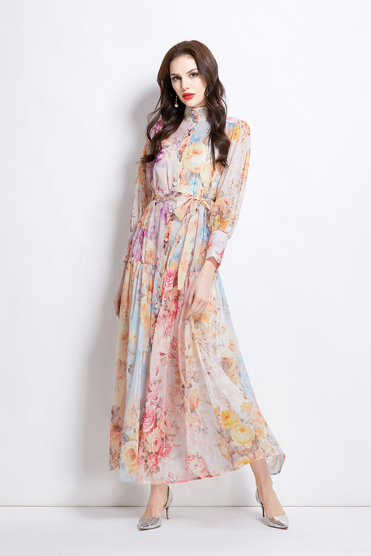 Original design: Spring/Summer ethnic style retro stand up collar lantern sleeve printed dress