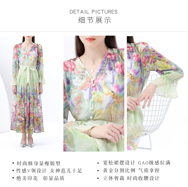 Original design - spring and summer real shot - spot light luxury heavy work chiffon splicing tape embroidery high-waisted thin temperament dress