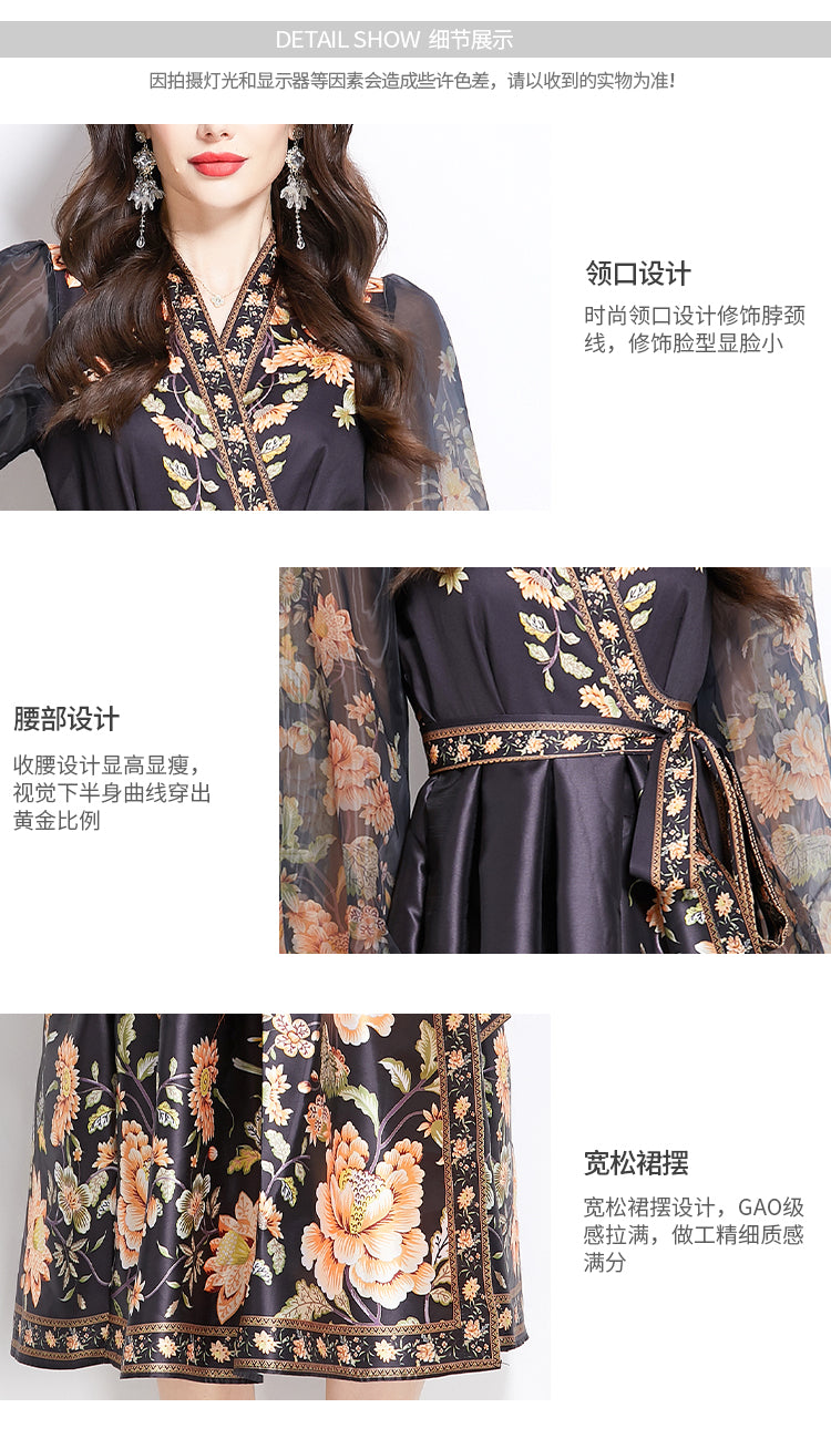 Original design for spring and summer V-neck ethnic style printed satin wrapped long length dress