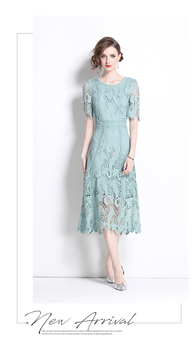 Original design temperament short sleeved skirt slim fit waist cinching heavy industry water-soluble lace dress for women